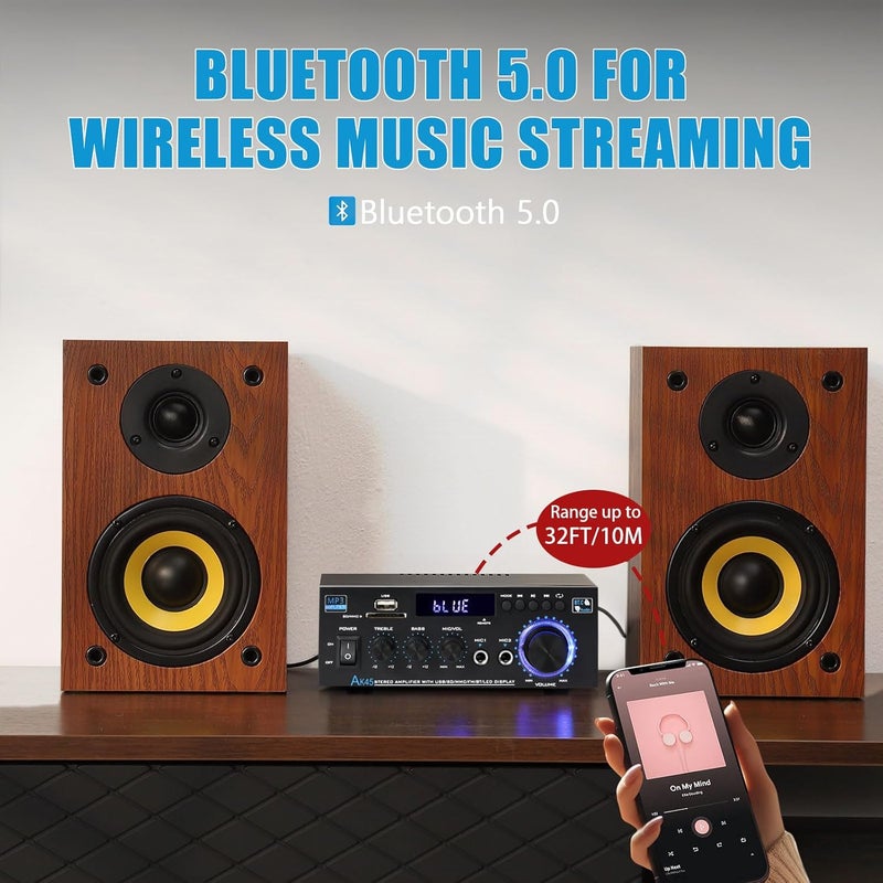 WOOPKER AK45 Bluetooth 5.0 Amplifier Home Audio Stereo Receivers,Max 300W, 2.0 Channel Stereo Power Amplifie System with USB,SD Card,RCA,2 MIC in, Home Amp for Home Theater Speakers,Studio, Karaoke - Image 3